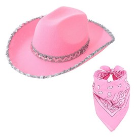 TOLASTO Women Cowboy Hat, Hot Pink Texan Cowgirl Hat With Sequins + Hot Pink Bandana : Adult Ladies Cowgirl Hats Western Themed Hen Night Fancy Dress Ladies Festival Cowboy Costume Accessories