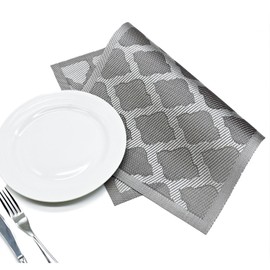 Silver Placemat,KICOO placemats, 6PCS, Stain and Oil Resistant, Heat Resistant, Easy to Clean, Used for Dining Table, Tea time, and Decoration,Washable Durable PVC Vinyl Woven Table Mats (Set of 6)