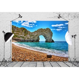 CORFOTO 8x6ft Fabric Beach Island Bend Backdrop Rocky Landscape Seaside Photography Background Natural Blue Sea Water Photo Backdrop for Kids Beach Theme Birthday Party Decor Banner Photoshoot Props
