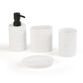 GORAL Set de Accesorios para Baño, 4 Piezas, Resina Premium con Textura de Líneas, Rombos, Incluye Dispensador, Vasos y Jabonera (Blanco 1)
