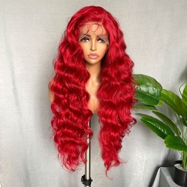 SOKU Red Lace Frontal Wig 32 Inch Long 13x4 Lace Front Body Wave Pre Plucked with Baby Hair Glueless Transparent Swiss Lace Heat Resistant Synthetic Lace Front Wigs for Black Women