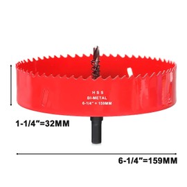 6 1/4 Inch Hole Saw, 159mm Hss Bi-Metal Hole Cutter for Recessed Lights, 32mm Cutting Depth Hole Drill Bit with Hex Shank for Wood Boards, Soft Metal Sheet, Drywall and Plastic, Red
