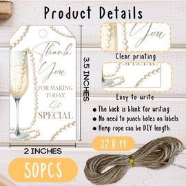 Thank You Gift Tags Design with String, 2x3.5 Inch Special Thank You Present Tags, Gift Labels for Birthday Party Baby Bridal Shower Wedding Favor, Pearls Party Decor-A17