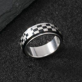 POYAMUSE Checkered Ring for Men and Women, Fidget Spinner Ring with Black and White Checkered Design - Black-11