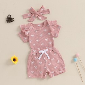 Beauace 3-Piece Baby Girls' Summer Clothing Set Ruffle Short Sleeve Romper + Ruffle Shorts + Headband Baby Set Soft Newborn Going Out Outfit, pink, 3 - 6 months