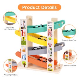 Car Ramp Toys for One Year Old Boy, Toddler Montessori Toys, Wooden Car Tracks for Toddlers 1-3, Race Cars Ramp Track with 4 Mini Cars & Parking Lots, 1st Birthday Gifts Boy