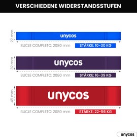 unycos - Fitness Bands 100% Latex with Storage Bag, Set of 3 Resistance Levels Medium/Standard/Heavy from 10 to 56 kg, 1040 mm, Strength and Muscle Training (Blue, Purple and Red)