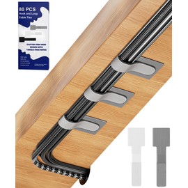 80PCS Hook and Loop Cable Ties, Hook and Loop Cable Straps, Under Desk Cable Management, Adhesive Cable Clips, Sticky-Back Cord Organizer for Desk, Household & Office Organization (White+Gray)