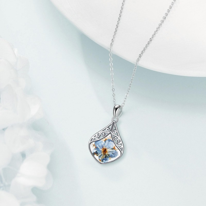 CUPENDA Forget Me Not Flower Necklace Sterling Silver Blue Pressed