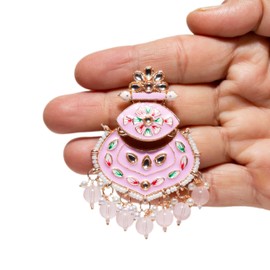Bindhani Indian Hand-Painted Meenakari Kundan Earrings For Women (Gold-Plated, Light-Pink)