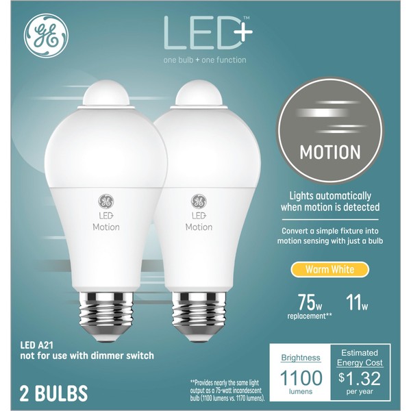 Iluminación LED de GE + luz con sensor de movimiento, A21, focos para exteriores, luz blanca cálida, repuesto de 75 W, luces de seguridad, detección de movimiento, 2 unidades.