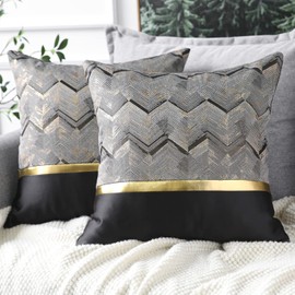 Set of 2 Throw Pillow Covers for Bed Couch Sofa Car Decor Luxury Modern Minimalist Gold Leather Stitching Wavy Stripes Square Pillowcase Cushion Cover 18 X 18 Inches (Black)