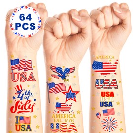 64PCS 4th of July Temporary Tattoos, Patriotic Party Face Body Decor, American Flag Fourth of July Long Lasting Tattoo Stickers for July 4th Parade and Independence Day Gathering Accessories