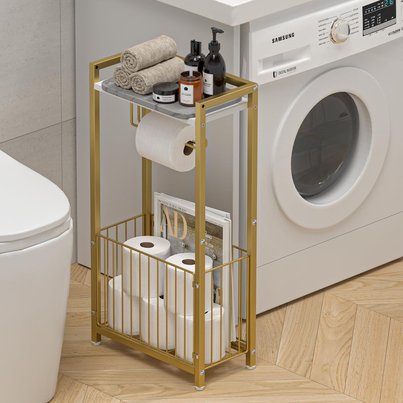 Toilet Paper Holder with Storage Shelf - Freestanding Roll Dispenser