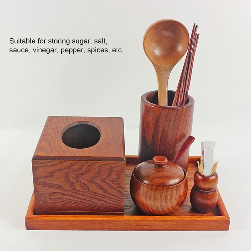Wooden Spice Container, Salt Box with Lid, Spoon, Vintage Spice