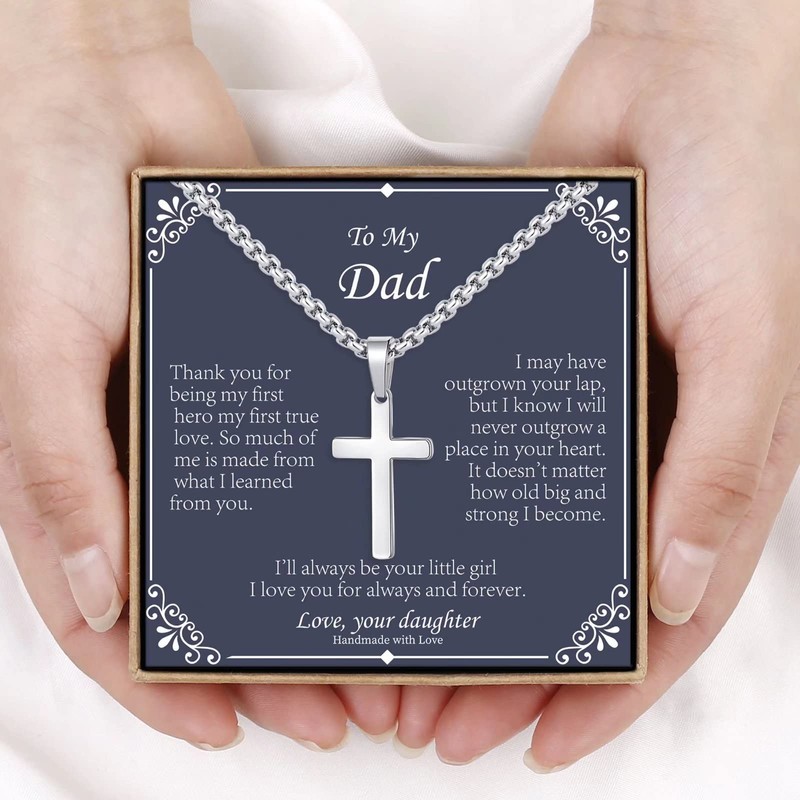 IEFLIFE Dad Gifts Dad Cross Necklace, Silver Cross Necklace Dad