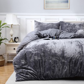 CROMIO Grey Velvet Duvet Cover King Size - Super Soft Flannel Bedding Set with Button Closure and Corner Ties - Luxurious Shimmery Comforter Cover Set for Home Decoration