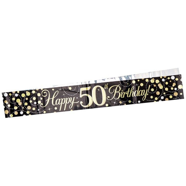 9ft Banner Sparkling Fizz 50th Birthday Black & Gold Holographic
