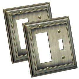 [2 Pack] BESTTEN 2-Gang Combination Aged Brass Metal Wall Plate, 1-Toggle/1-Decor, Anti-Corrosion Antique Brass Outlet and Switch Cover, UL Listed
