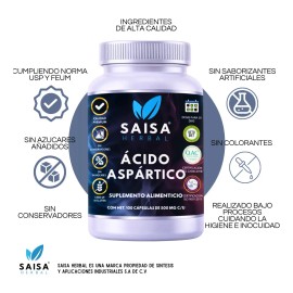 Ácido Aspártico 100 Cápsulas Saisa Herbal Suplemento Alimenticio Energía Vitalidad Apoyo Muscular