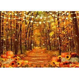 DePhoto 7x5Ft Fall Backdrops for Photography Golden Autumn Forest Trees Falling Leaves Nature Scene Photo Background Thanksgiving Pumpkin Haystacks Kids Adult Portrait Photography Supplies
