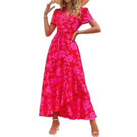 PRETTYGARDEN PRETTYGARDEN Women's Summer Wrap Maxi Dress Casual Boho Floral V Neck Short Sleeve Ruffle Hem Split Beach Long Dresses (Red Floral,Medium)