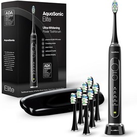 Aquasonic Elite Cepillo de dientes ultra blanqueador – Cepillo de dientes de energía aceptado ADA ADA – 8 cabezales de cepillo Proflex y estuche de viaje – Motor de 50.000 VPM y carga inalámbrica – 5