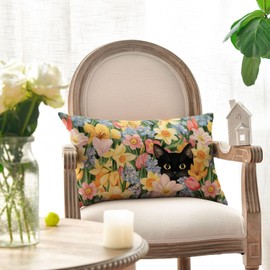 AVOIN colorlife Spring Tulip Black Cat Floral Throw Pillow Cover, 12 x 20 Inch Hydrangea Flowers Seasonal Cushion Case for Sofa Couch