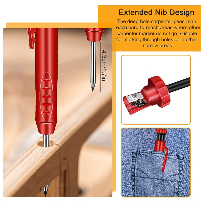 2 Pack Solid Carpenter's Pencil with 20 Refills, Deep Hole