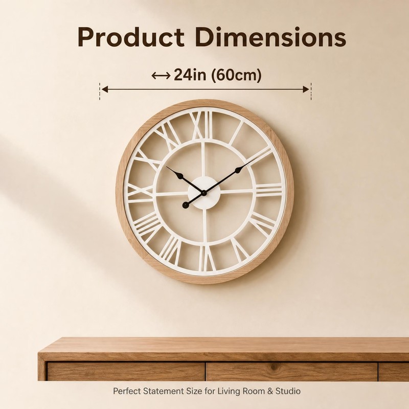 Wall Clock 24 Inch Large Wooden Silent Non-Ticking