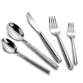 Kelenfer 18/10 Stainless Steel Flatware Set Hand Forged Silverware Set Cutlery Set Round Hammered Handle Mirror Finished Heavy Duty 20 Pieces Service for 4
