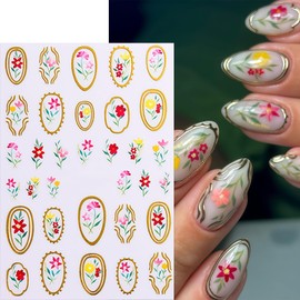 Flower Nail Stickers for Nail Art Self-Adhesive Gold Nail Art Stickers Cute Tulip Irregular Frame Bow Hollow Designs Flower Bee Butterfly Nail Decals Bronzing Nail Sticker Manicure Supplies for Women