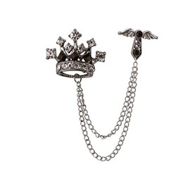 Knighthood Angel Wings Cross Black & Silver Crown with Layers Tassel Chain Lapel Pin Badge Coat Suit Jacket Wedding Gift Party Shirt Collar Accessories Brooch for Men