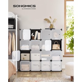 SONGMICS Cube Storage Organizer, Set of 16 Plastic Cubes, Closet Storage Shelves, DIY Plastic Closet Cabinet, Modular Bookcase, Shelving with Doors for Bedroom, Living Room, Black and White ULPC44HS