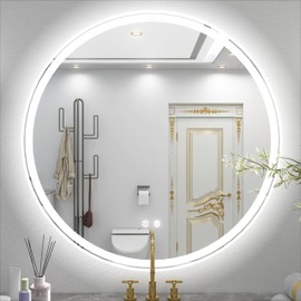 JSneijder 28 Inch Round LED Bathroom Mirror with Lights, Round Lighted Bathroom Vanity Mirror, Anti Fog&Dimmable&Touch Switch Wall Mounted Circle LED Makeup Mirror for Housewarming Gift