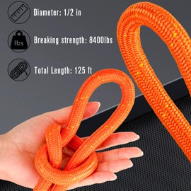 Braided Polyester Rope - 1/2 in x 125 ft Strong Arborist Rigging Rope High Strength Polyester Rope No-Stretch Rope for Climbing Tree Swing Pulling Sailing 8400 Lbs Breaking Strength(Orange)