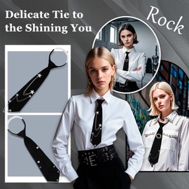 LJBFNN Womens Tie, Black Clip on Ties for Women with Artificial Pearl Accessory Punk Chain Necktie for Casual Cosplay School (Black,crystal,silver)