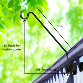AILIN YELOKIE 16" Multi Use Hook Kit for Vertical Spindled Railings - Heavy Duty Solid Steel Plant Hanger, Bird Feeder & Outdoor Decor Hooks (2-Pack, Rust-Resistant Black)