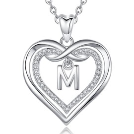 Vito Sterling Silver Initial Pendant Necklaces for Women, Cubic Zirconia Double Heart Letter M Neckless, Dainty Infinity Alphabet Jewelry 40th Birthday Gift