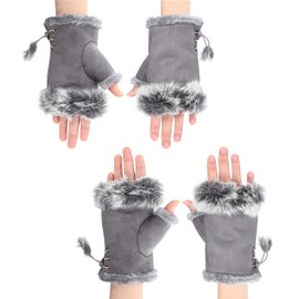 ITODA Suede Women Fingerless Gloves Faux Fur Warm Wrist Half Finger Driving Texting Winter Fuzzy Cold Weather Warmer Mitten