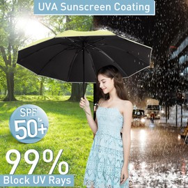 Bodyguard Large Windproof Inverted Umbrellas for Rain & Sun - Travel Folding Compact UPF 50+ Automatic Umbrella with Reflective Stripe, UV Protection For Walking, Match Green-46IN