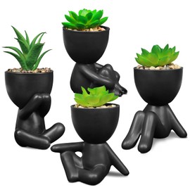 SEMSOIIO Pack of 4 Black Cute Fake Plants, Artificial Plant Planters, Fake Plants in Humanoid Ceramic Pots, Desk Plants for Office Decor, Fake Plants for Bathroom Shelf Decor and Cubicle Decor