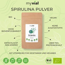 myvial® Organic Spirulina Powder 250 g - Spirulina Platensis Vegan without Additives Plastic-Free Packaging - High Quality Proteins and B Vitamins