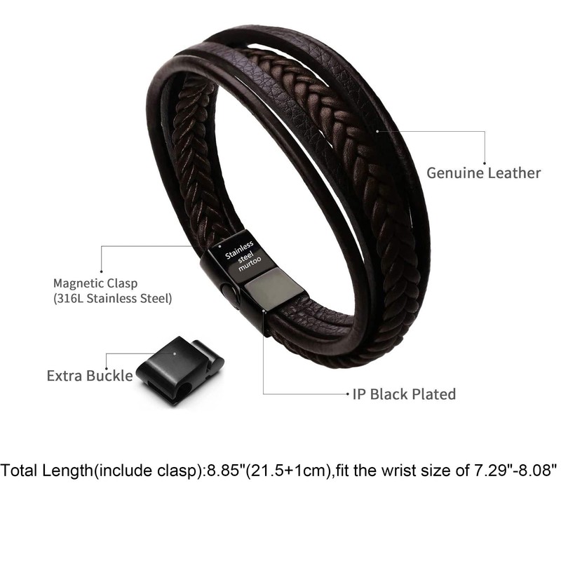 murtoo Mens Leather Bracelet with Magnetic Clasp Cowhide Multi-Layer Braided