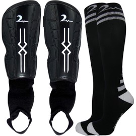 Combination Set Kids Soccer Shin Guards with Adjustable Straps & 1 Pair Matching Compression Sock for Maximum Performance. Fits Ages 4-7. Black