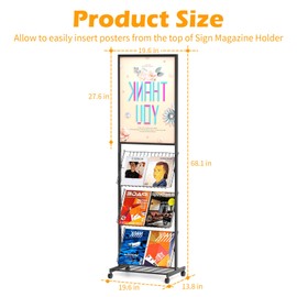 lesolar Floor-Standing Magazine Rack with Poster Board Stand 4-tier Newspaper Holder Book Display Shelf Brochure Display Stand Poster Sign Holder with Wheels Suitable for Exhibitions Store Business