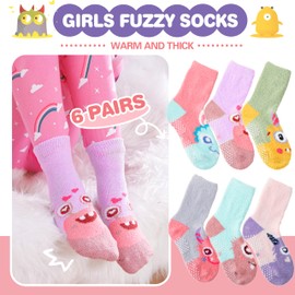 Toddler Kids Girls Socks Grips Non Slip Slipper Fuzzy Socks Anti Skid Crew Child Cartoon Cute Animal Fashion Unicorn Socks 6 Pack Girls Gifts(Monster,1-3 Y)