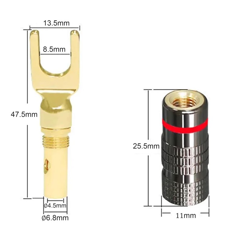 Speaker Banana Plug Set, 4-Pack Y Spade Connectors, 45 Degree