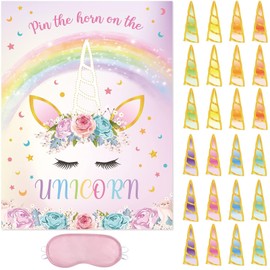 WERNNSAI Pin the Horn on the Unicorn Game - 51×73cm Unicorn Party Game for Kids Girls with 24 PCs Horns Unicorn Birthday Party Supplies for Wall Home Room Decorations