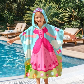 Kids Hooded Beach Towels Wrap for 2-6 Years,Cute Princess Theme Girls Swim Cover Up for Bathroom，22"x26" Quick Dry Blue Bath Towel Poncho,Perfect for Travel Vacation,Pool Party,Swimming